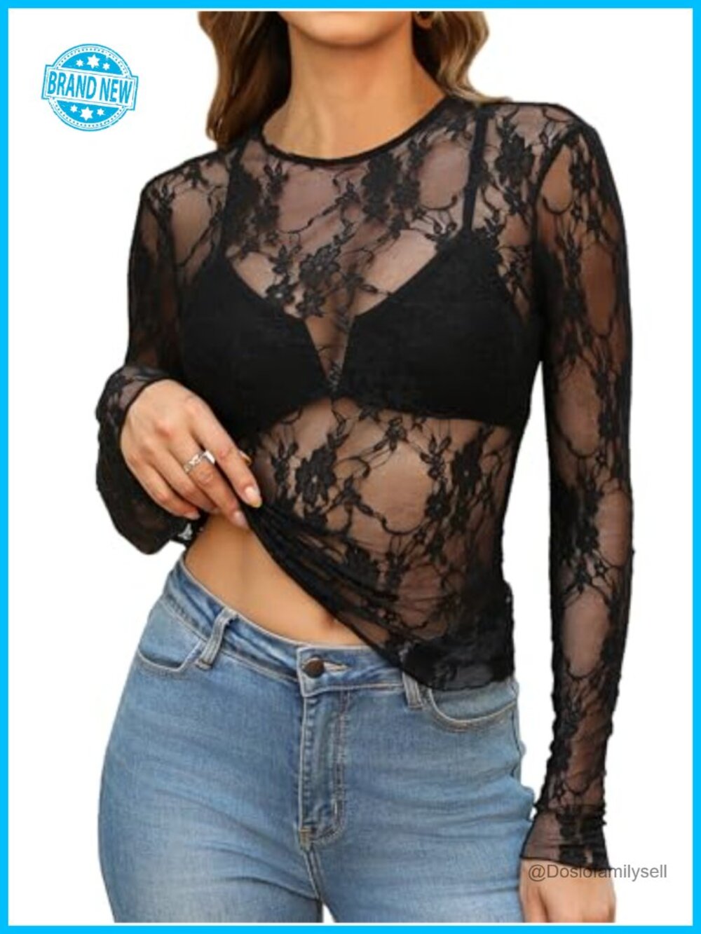 Mesh Long Sleeve Lace Blouse Slim Fitted Sheer Top Crewneck Layering Shirt